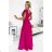 411-5 CRYSTAL long shimmering dress with a neckline - fuchsia