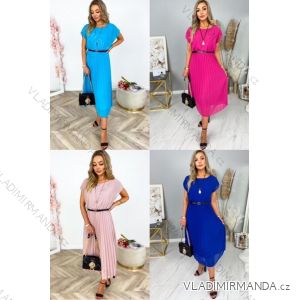 Women's Long Pleated Summer Chiffon Belt Short Sleeve Dress (S/M ONE SIZE) ITALIAN FASHION IMWGM231412