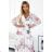 436-2 VALENTINA Midi dress with a neckline and a belt - white with roses