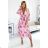 433-1 GAJA Pleated midi dress with a neckline and long sleeves - pink flowers on a white background