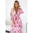 433-1 GAJA Pleated midi dress with a neckline and long sleeves - pink flowers on a white background