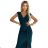 451-1 Shiny dress with short sleeves, neckline and a slit on the leg - green