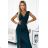 451-1 Shiny dress with short sleeves, neckline and a slit on the leg - green