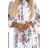449-1 CARLA Pleated midi dress with buttons and long sleeves - roses on a white background