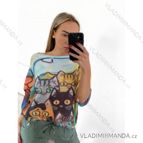 Svetr oversize tenký s potiskem dlouhý rukáv dámský nadrozměr (L/XL/2XL ONE SIZE) ITALSKá MóDA IMB23KITTEN