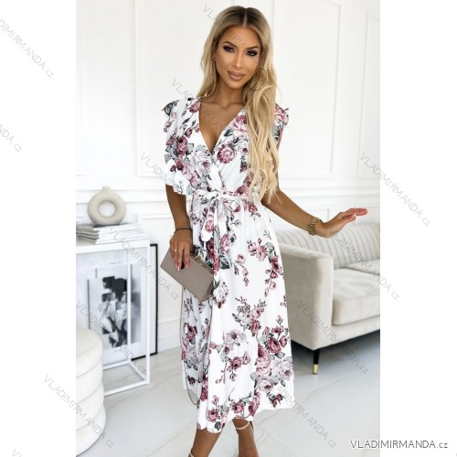 466-1 GABRIELLA šaty s volánkem, výstřihem a vázáním - bílé s vínovými růžemi