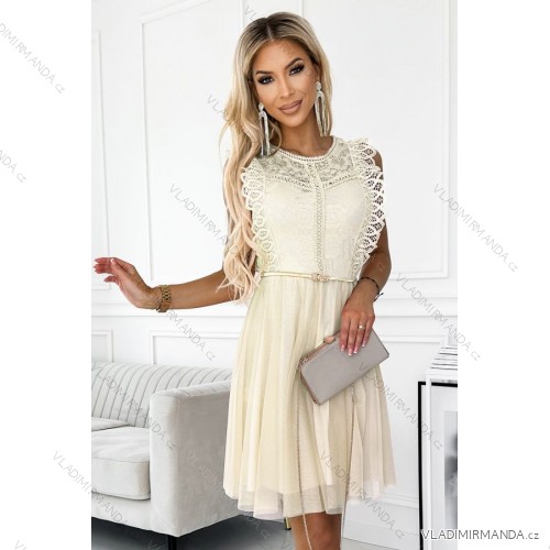 Šaty 454-3 GRETA s krajkou a zlatým páskem - Béžové
