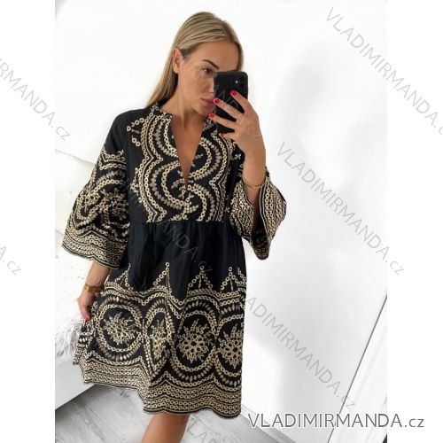 Šaty letní košilové s dlouhým rukávem dámské (S/M/L/XL ONE SIZE) ITALSKÁ MÓDA IMF23DR3047/DU L/XL čierna