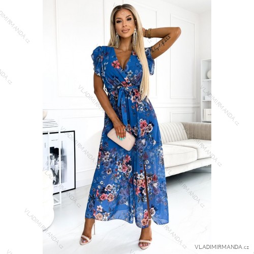 473-1 ARIA Long dress with a neckline and short sleeves - blue with flowers