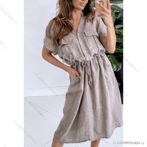 Šaty letné ľanové s opaskom krátky rukáv dámske (S/M ONE SIZE) TALIANSKA MÓDA IMWAD232502