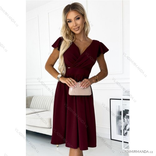 425-4 MATILDE Dress with a neckline and short sleeves - Burgundy color