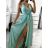 Long summer satin dress with straps women with belt (UNI S / M) ITALIAN FASHION IMM22INFINITE -   green pea -   S / M