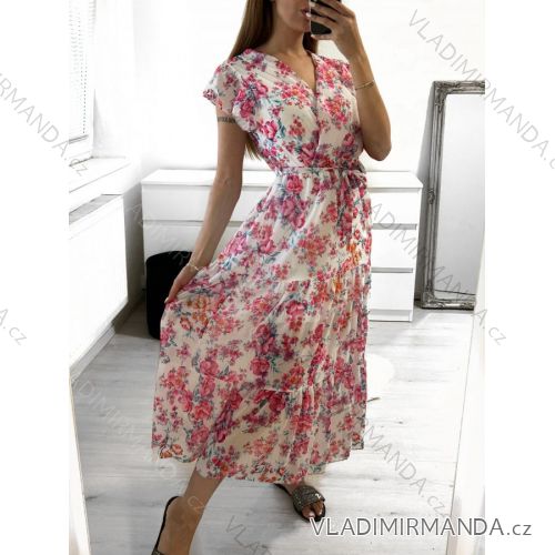 Šaty letní dlouhé šifonové květované krátký rukáv dámské (S/M ONE SIZE) ITALSKÁ MÓDA IMM23M7626