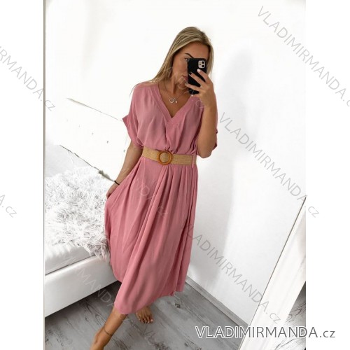 Šaty dlouhé s páskem krátký rukáv dámské (S/M ONE SIZE) ITALSKÁ MÓDA IMWA231295/DU S/M starorůžová