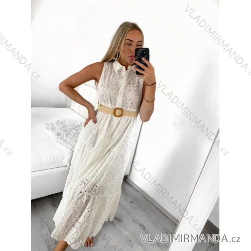 Šaty košilové krajkované s páskem bez rukávu dámské (S/M ONE SIZE) ITALSKÁ MÓDA IMM23BR3447/DU S/M bílá