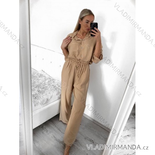 Souprava kalhoty dlouhé a košile dlouhý rukáv dámská nadrozměr (L/XL/2XL ONE SIZE) POLSKÁ MÓDA IMWT23BELLA/DU L/XL béžová