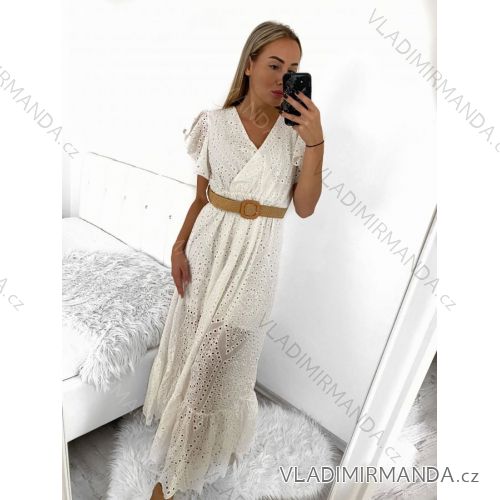 Šaty dlouhé letní krajkové s páskem krátký rukáv dámské (S/M ONE SIZE) ITALSKá MóDA IMM23M1890/DU