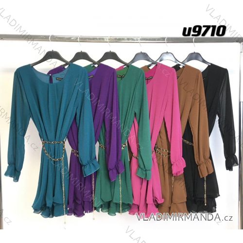 Šaty elegantní s páskem dlouhý rukáv dámské (S/M ONE SIZE) ITALSKÁ MÓDA IMM23M9710