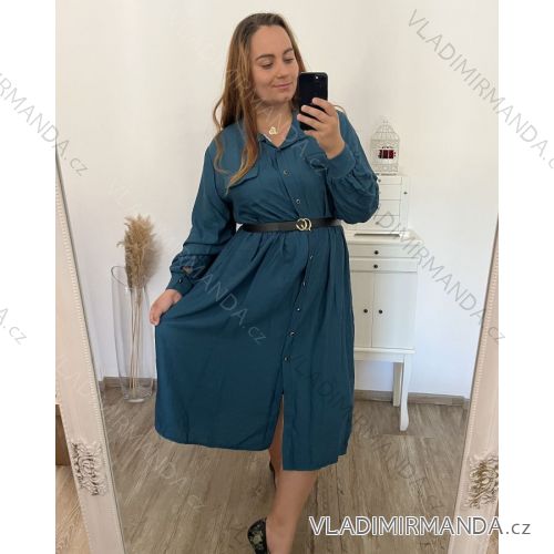 Šaty dlhé s páskem dlhý rukáv dámske nadrozmer (2XL/3XL ONE SIZE) TALIANSKA MÓDA IMWEC23KNOB/DU 2XL/3XL petrolejová