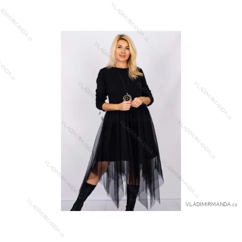 Šaty s tylovou sukní dlouhý rukáv dámské (S/M ONE SIZE) ITALSKÁ MÓDA IMPLI2320701/DU Černá S/M