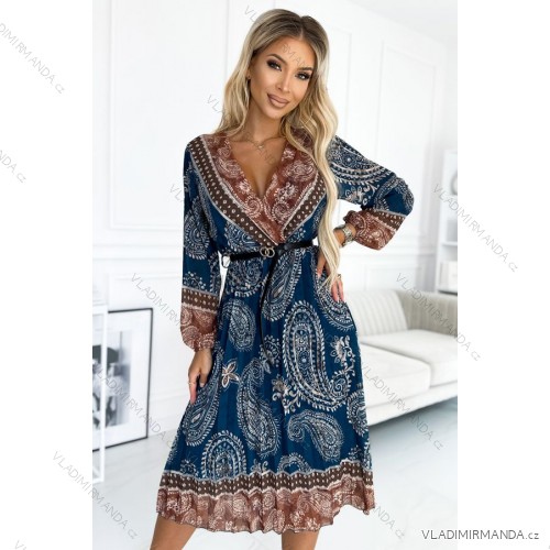 510-1 Pleated midi dress with a neckline, long sleeves and a black belt - blue and brown pattern