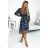 510-1 Pleated midi dress with a neckline, long sleeves and a black belt - blue and brown pattern