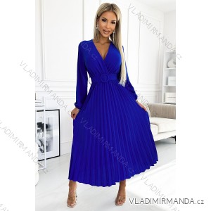 504-1 VIVIANA Plisované midi šaty s výstřihem, dlouhými rukávy a širokým páskem - modré