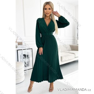 504-3 VIVIANA Plisované midi šaty s výstřihem, dlouhými rukávy a širokým páskem - zelené