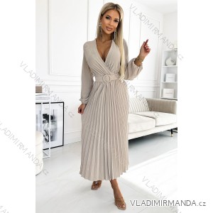 504-2 VIVIANA Plisované midi šaty s výstřihem, dlouhými rukávy a širokým páskem - béžová barva