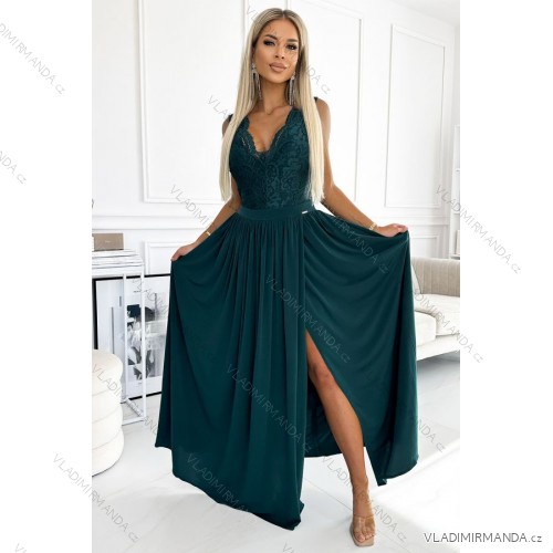 211-6 LEA long dress with lace neckline - green