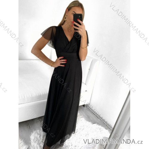 Šaty společenské elegantní krátký rukáv dámské (L/XL ONE SIZE) ITALSKÁ MÓDA IMS233589XL/DU Černá L/XL