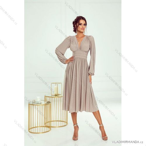 Women's Long Elegant Dress with Wide Straps (SL) FRENCH FASHION FMPEL23VELVET béžová 34