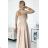 309-10 AMBER lace, elegant long dress with a neckline and leg slit - beige