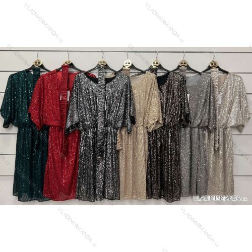 Šaty flitrové s páskem dlouhý rukáv dámské (S/M ONE SIZE) ITALSKÁ MÓDA IMWY23197