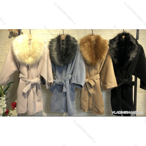 Kabát flaušový s kožíškem dlouhý rukáv dámský (S/M ONE SIZE) ITALSKÁ MÓDA  IMPGM2390414