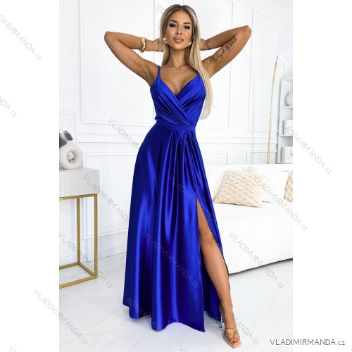 512-4 JULIET elegantes langes Satinkleid mit Ausschnitt und Beinschlitz – Königsblau