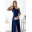 528-1 Long shiny one-shoulder dress with a bow - navy blue