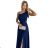 528-1 Long shiny one-shoulder dress with a bow - navy blue