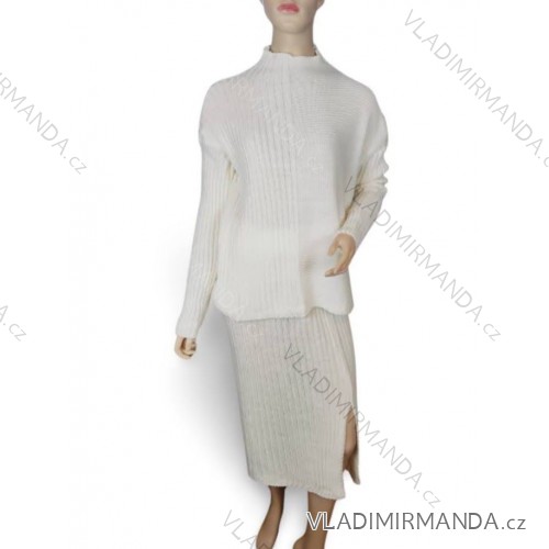 Women's Long Sleeve Knitted Skirt and Turtleneck Sweater Set (S/M ONE SIZE) ITALIAN FASHION IMPGM233769 S/M white