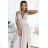 490-2 SUSAN Long brocade dress with a neckline and stitching at the waist - beige