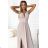 490-2 SUSAN Long brocade dress with a neckline and stitching at the waist - beige