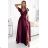 411-10 CRYSTAL satin long dress with a neckline - Burgundy color