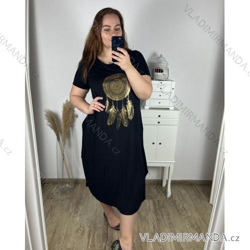 Šaty dlouhé oversize krátký rukáv dámské viskoza nadrozměr Lapač Snů (2XL/3XL ONE SIZE) ITALSKÁ MÓDA IMD22450/DUR Černá 2XL/3XL