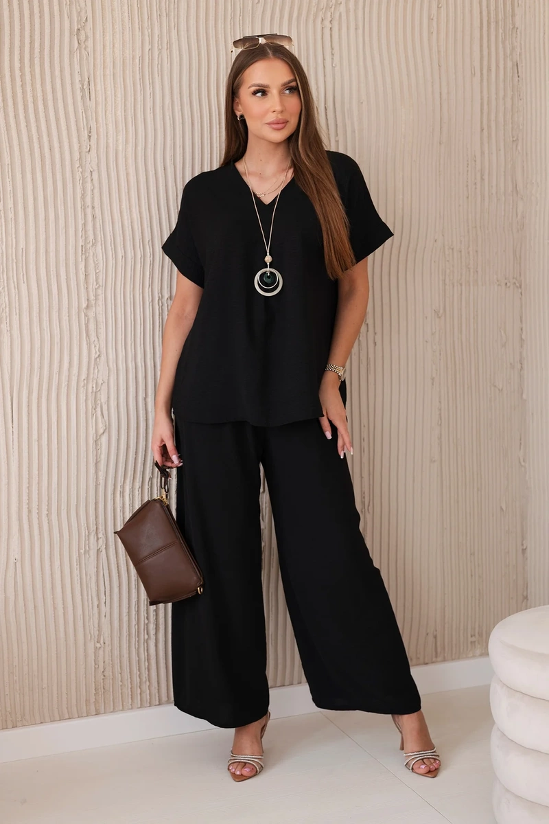 Black blouse + pants set with necklace