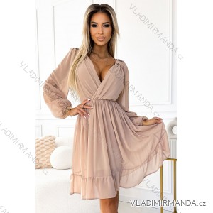 538-1 MILA Chiffon midi dress with long sleeves and neckline - beige