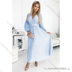 414-10 KLARA pleated dress with a belt and a neckline - light blue color