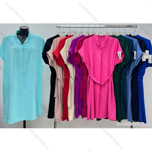 Šaty elegantní s páskem krátký rukáv dámské nadrozměr (52/54 ONE SIZE) ITALSKÁ MÓDA IM424349