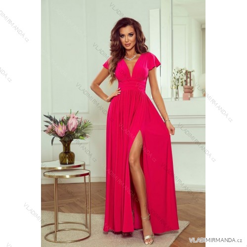 Women's Long Elegant Dress with Wide Straps (SL) FRENCH FASHION FMPEL23VELVET růžová fuchsiová 36