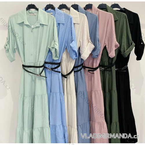 Šaty dlouhé košilové s páskem dlouhý rukáv dámské (S/M ONE SIZE) ITALSKÁ MÓDA IMPMD2450679