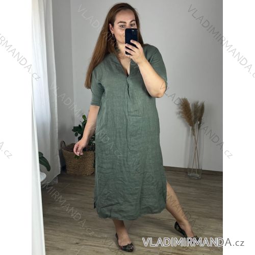 Šaty lněné dlhé letný krátký rukáv dámske nadrozmer (46/48 ONE SIZE) TALIANSKA MÓDA IMWEC24048